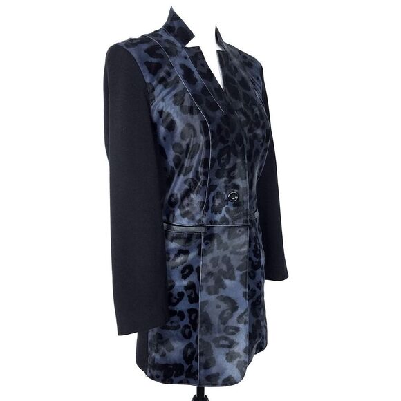 Per Se Carlisle Blue Leopard Print Genuine Fur & Black Ponte Knit Jacket Size 0 - Picture 2 of 8